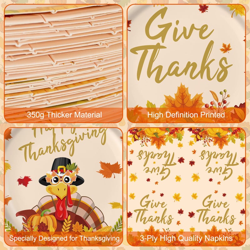 PERFQU 150 Pcs Thanksgiving Plates and Napkins Sets - Happy Thanksgiving Round Tableware, Disposable Fall Turkey Give Thanks Paper Dinner Dessert Plates Dinnerware for Thanksgiving Party Supplies, Serve 50 - Image 4